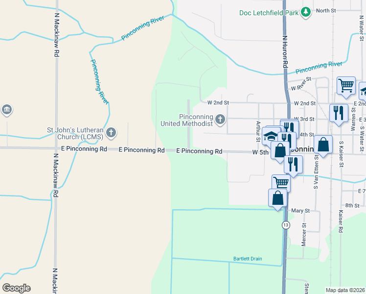 map of restaurants, bars, coffee shops, grocery stores, and more near 410 Center Drive in Pinconning