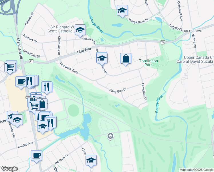 map of restaurants, bars, coffee shops, grocery stores, and more near 45 Norbury Drive in Markham