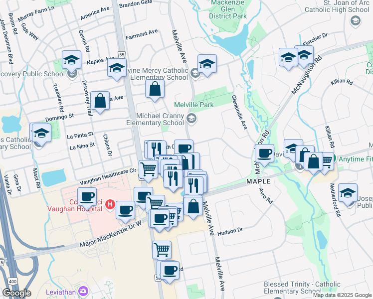 map of restaurants, bars, coffee shops, grocery stores, and more near 99 Roseheath Drive in Vaughan