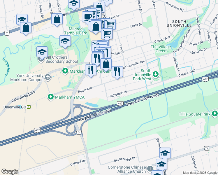 map of restaurants, bars, coffee shops, grocery stores, and more near 82 Peshawar Avenue in Markham