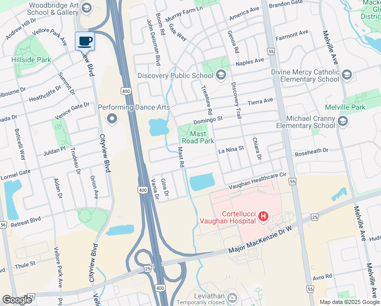 map of restaurants, bars, coffee shops, grocery stores, and more near 171 Mast Road in Vaughan