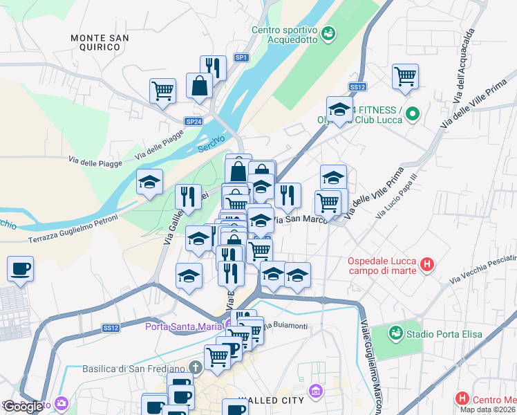 map of restaurants, bars, coffee shops, grocery stores, and more near 445 Via Matteo Civitali in Lucca