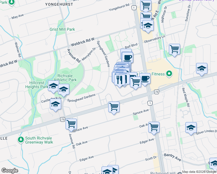 map of restaurants, bars, coffee shops, grocery stores, and more near 101 Springhead Gardens in Richmond Hill