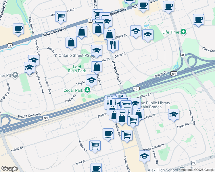 map of restaurants, bars, coffee shops, grocery stores, and more near 24 George Street in Ajax