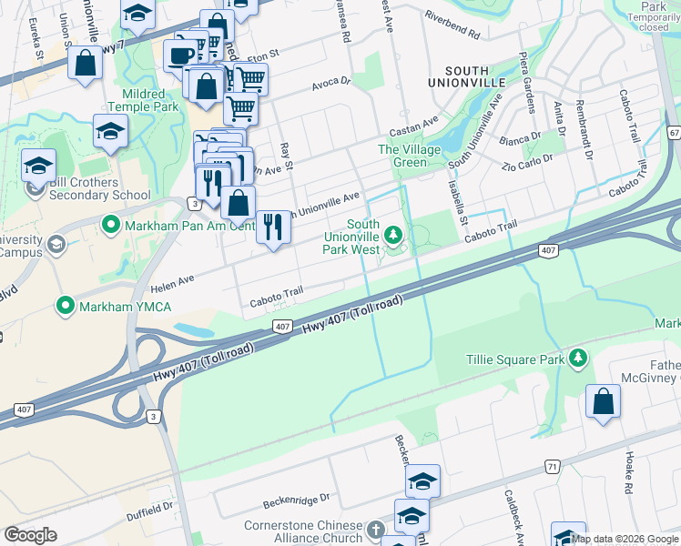 map of restaurants, bars, coffee shops, grocery stores, and more near 376 Caboto Trail in Markham