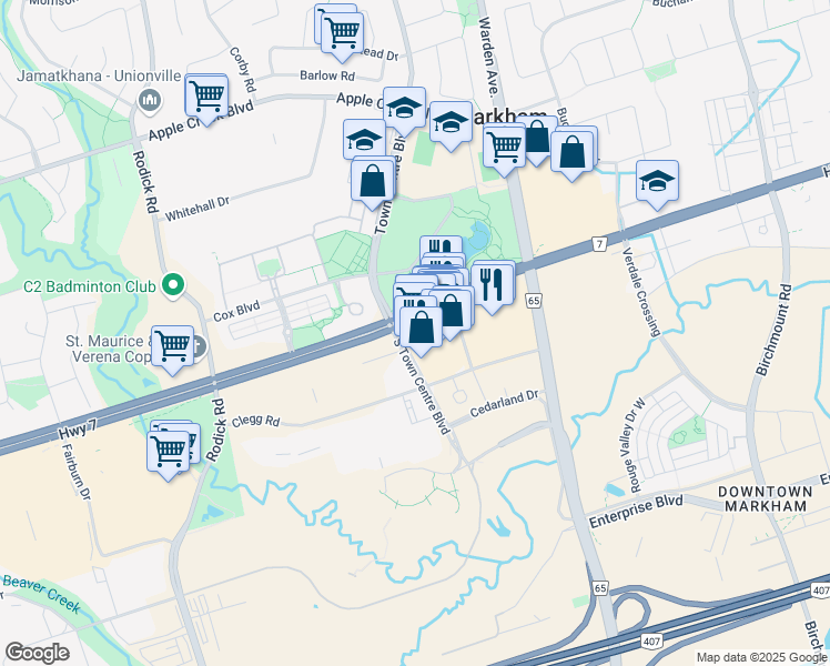 map of restaurants, bars, coffee shops, grocery stores, and more near 3603 Highway 7 in Markham