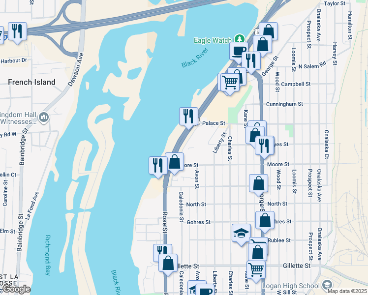 map of restaurants, bars, coffee shops, grocery stores, and more near 2100 Rose Street in La Crosse