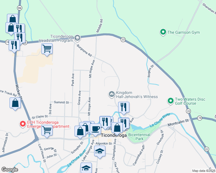 map of restaurants, bars, coffee shops, grocery stores, and more near 32 Village Lane in Ticonderoga