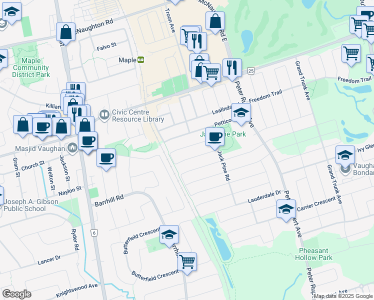 map of restaurants, bars, coffee shops, grocery stores, and more near 166 Chayna Crescent in Vaughan
