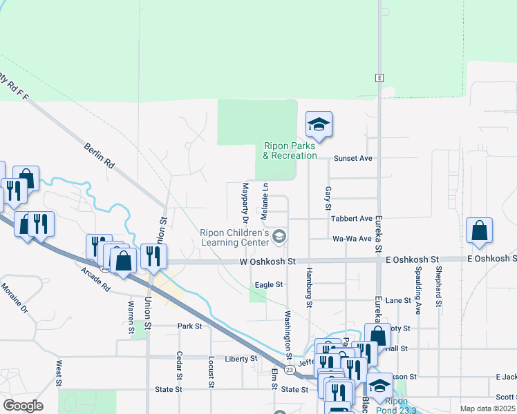 map of restaurants, bars, coffee shops, grocery stores, and more near 609 Melanie Lane in Ripon
