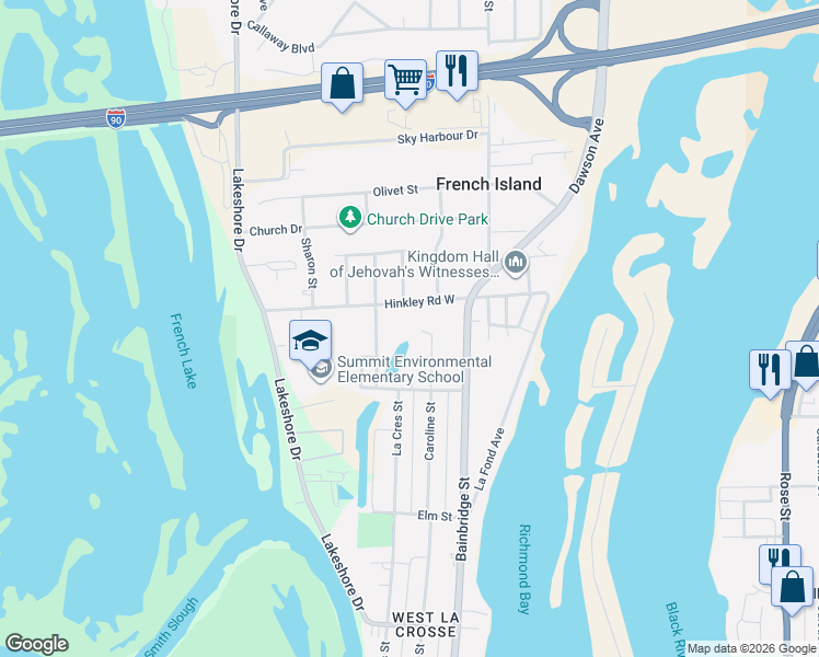 map of restaurants, bars, coffee shops, grocery stores, and more near 1840 Caroline Street in La Crosse