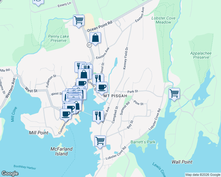 map of restaurants, bars, coffee shops, grocery stores, and more near 16 Union Court in Boothbay Harbor