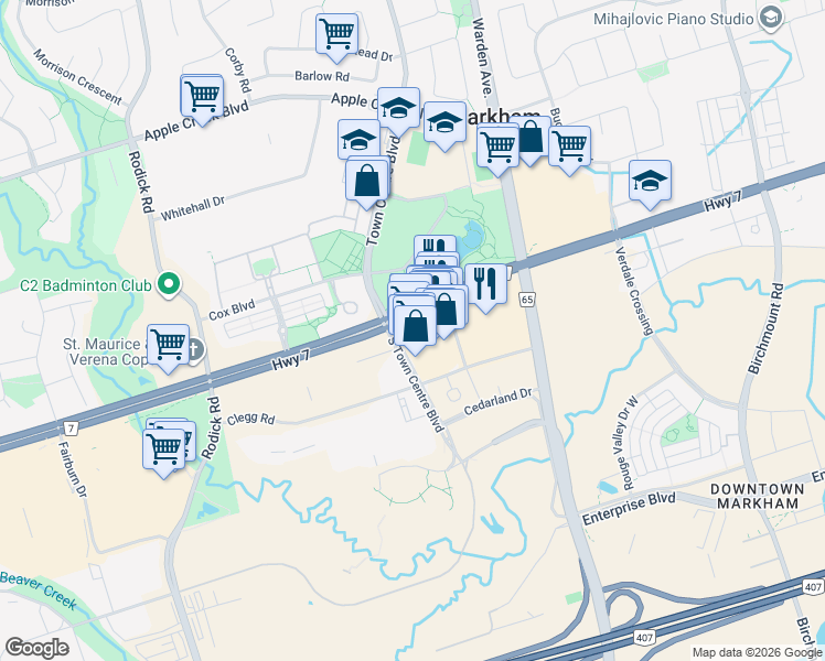 map of restaurants, bars, coffee shops, grocery stores, and more near 3601 Highway 7 in Markham