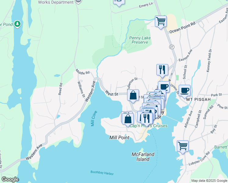 map of restaurants, bars, coffee shops, grocery stores, and more near 59 West Street in Boothbay Harbor