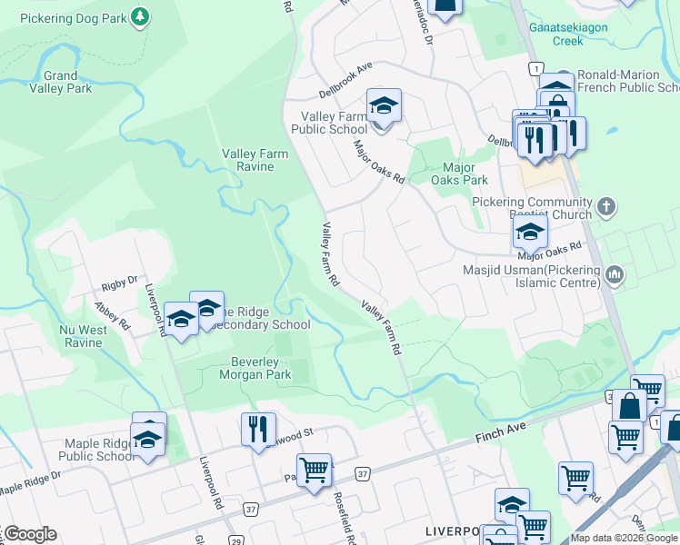 map of restaurants, bars, coffee shops, grocery stores, and more near 2364 Strathmore Crescent in Pickering