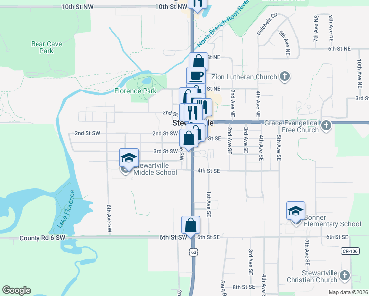 map of restaurants, bars, coffee shops, grocery stores, and more near 202 South Main Street in Stewartville