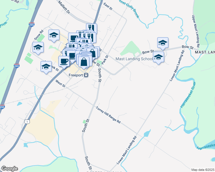 map of restaurants, bars, coffee shops, grocery stores, and more near 15 Dennison Avenue in Freeport