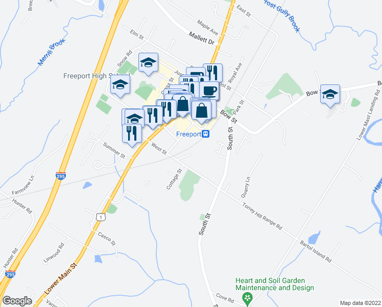 map of restaurants, bars, coffee shops, grocery stores, and more near 98 Freeport Farms in Freeport