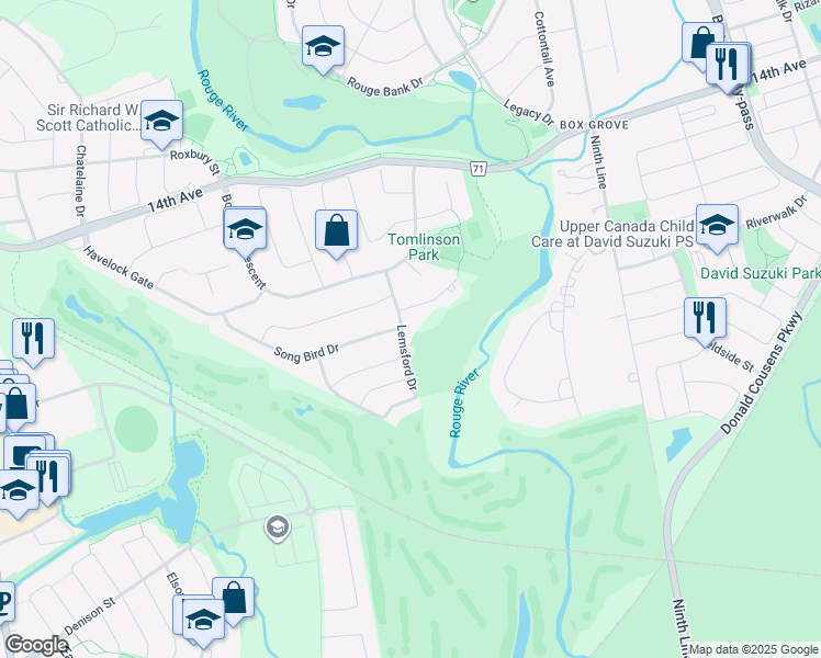 map of restaurants, bars, coffee shops, grocery stores, and more near 17 Lemsford Drive in Markham