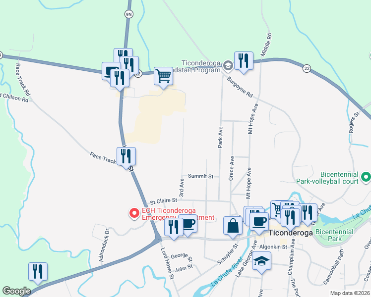 map of restaurants, bars, coffee shops, grocery stores, and more near 46 3rd Avenue in Ticonderoga