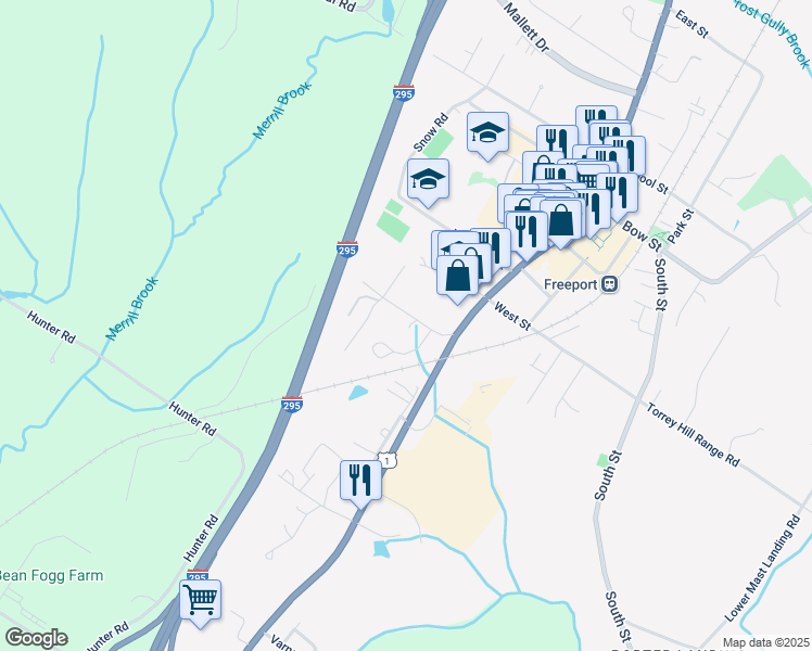 map of restaurants, bars, coffee shops, grocery stores, and more near 9 Summer Street in Freeport