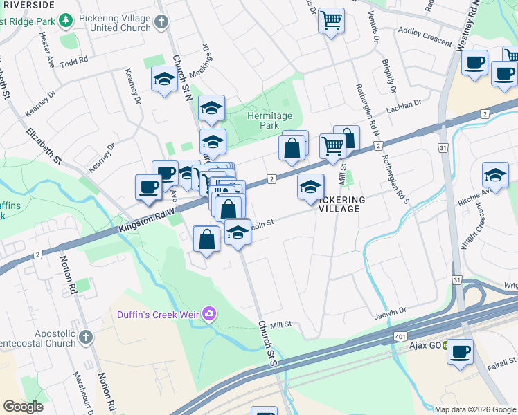 map of restaurants, bars, coffee shops, grocery stores, and more near 13 Duffin Street in Ajax