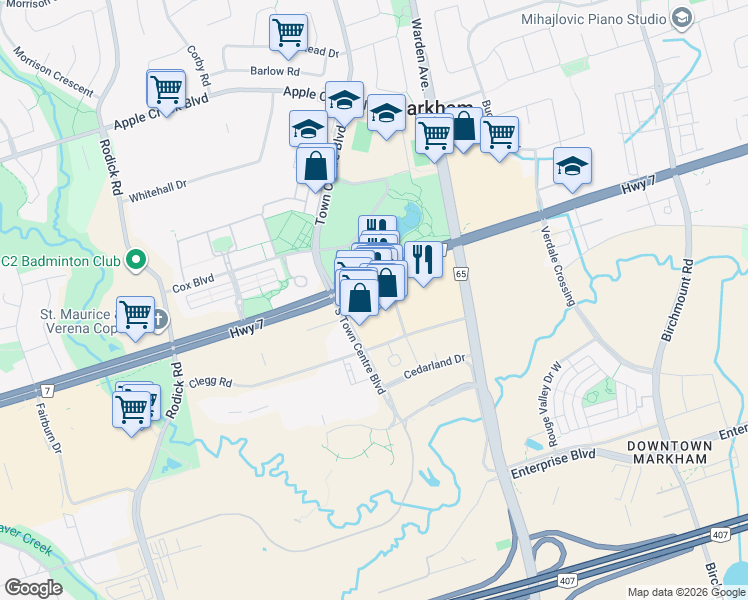 map of restaurants, bars, coffee shops, grocery stores, and more near 3621 Highway 7 in Markham