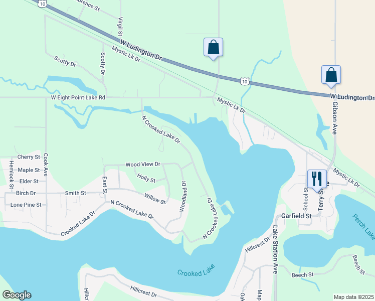 map of restaurants, bars, coffee shops, grocery stores, and more near 358 North Crooked Lake Drive in Lake