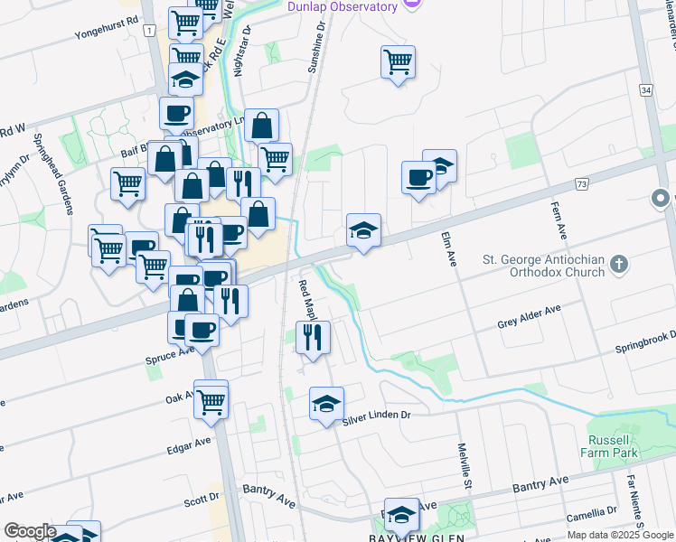 map of restaurants, bars, coffee shops, grocery stores, and more near 215 16th Avenue in Richmond Hill