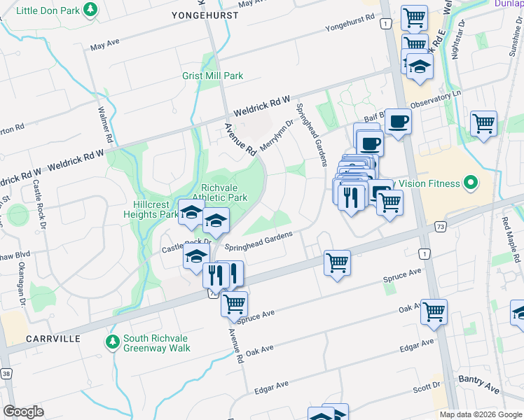 map of restaurants, bars, coffee shops, grocery stores, and more near 5 Penwick Crescent in Richmond Hill