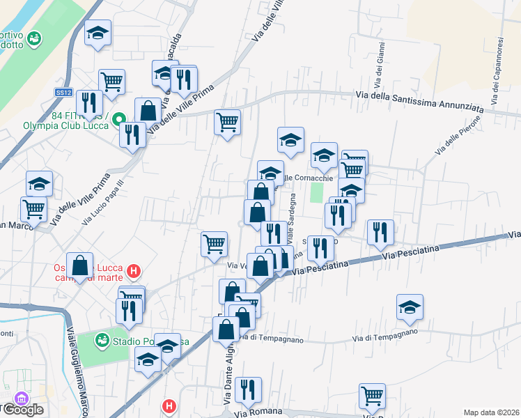 map of restaurants, bars, coffee shops, grocery stores, and more near 965 Via Cornacchie in Lucca
