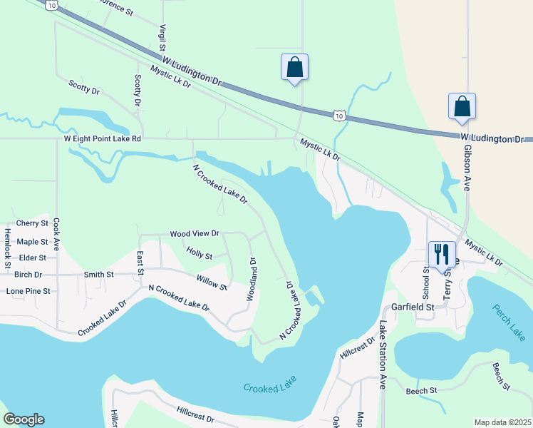 map of restaurants, bars, coffee shops, grocery stores, and more near 371 North Crooked Lake Drive in Lake