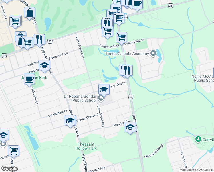 map of restaurants, bars, coffee shops, grocery stores, and more near 76 Ivy Glen Drive in Vaughan
