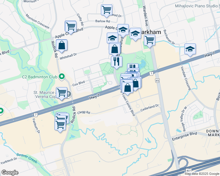 map of restaurants, bars, coffee shops, grocery stores, and more near 1462 Highway 7 in Markham