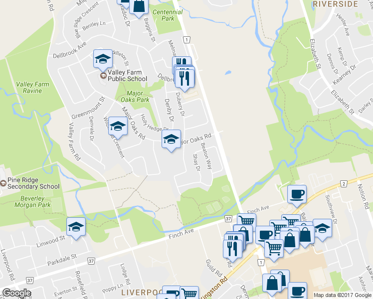 map of restaurants, bars, coffee shops, grocery stores, and more near 2097 Duberry Drive in Pickering