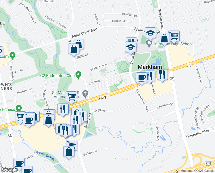 map of restaurants, bars, coffee shops, grocery stores, and more near Circa Drive in Markham