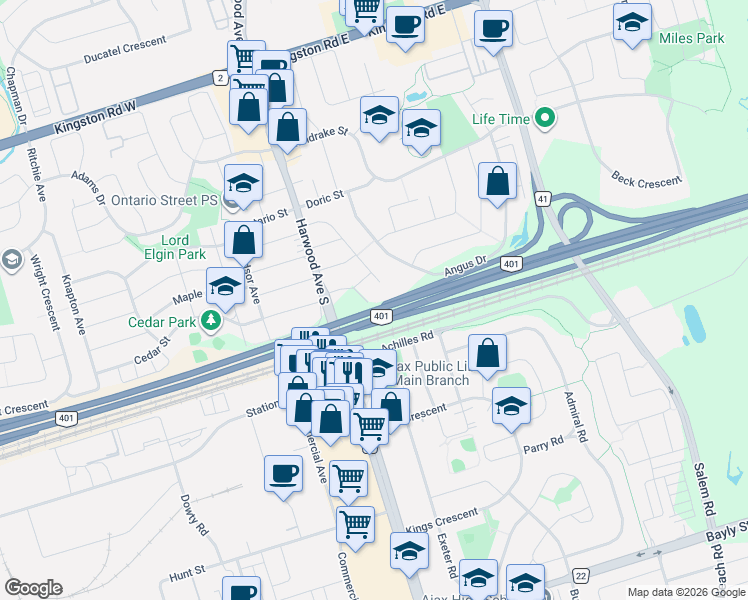 map of restaurants, bars, coffee shops, grocery stores, and more near 32 Birch Crescent in Ajax