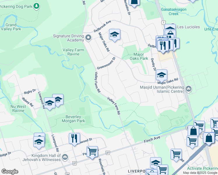 map of restaurants, bars, coffee shops, grocery stores, and more near in Pickering