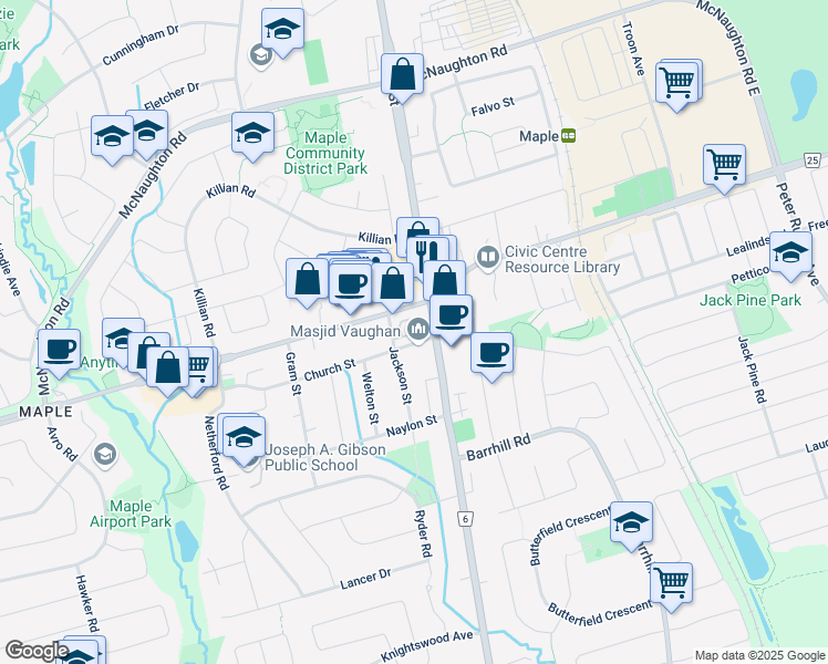 map of restaurants, bars, coffee shops, grocery stores, and more near in Vaughan