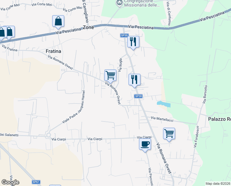 map of restaurants, bars, coffee shops, grocery stores, and more near 253 Via Romana Ovest in Porcari