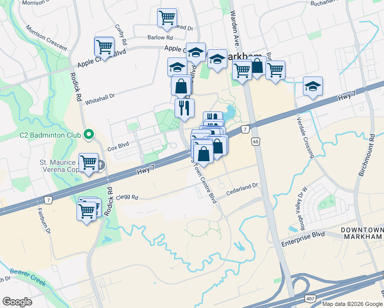 map of restaurants, bars, coffee shops, grocery stores, and more near 3600 Highway 7 in Markham