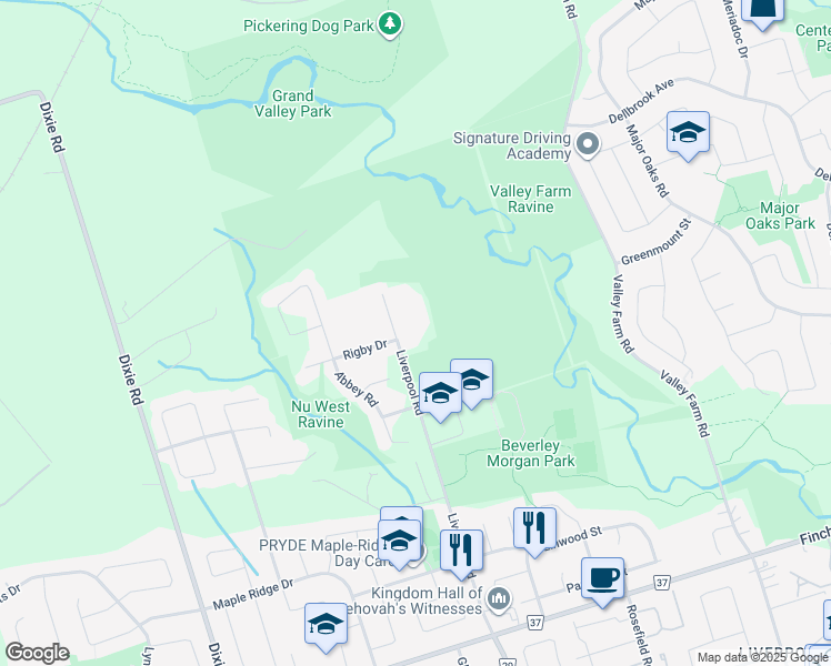 map of restaurants, bars, coffee shops, grocery stores, and more near 2315 Liverpool Road in Pickering