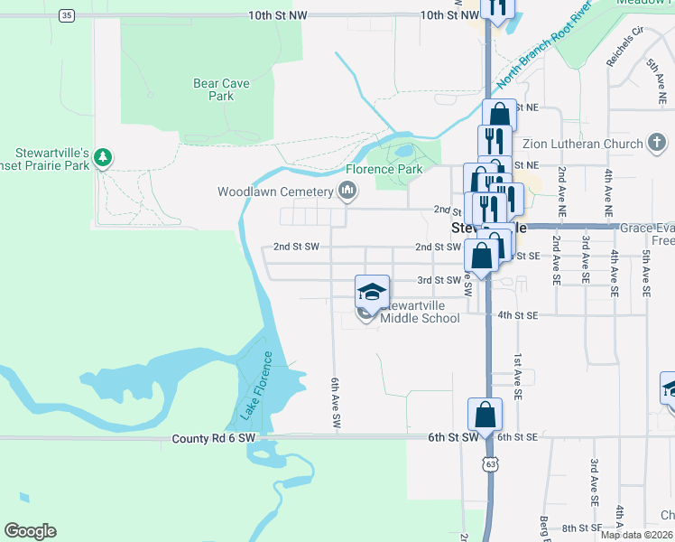 map of restaurants, bars, coffee shops, grocery stores, and more near 511 3rd Street Southwest in Stewartville