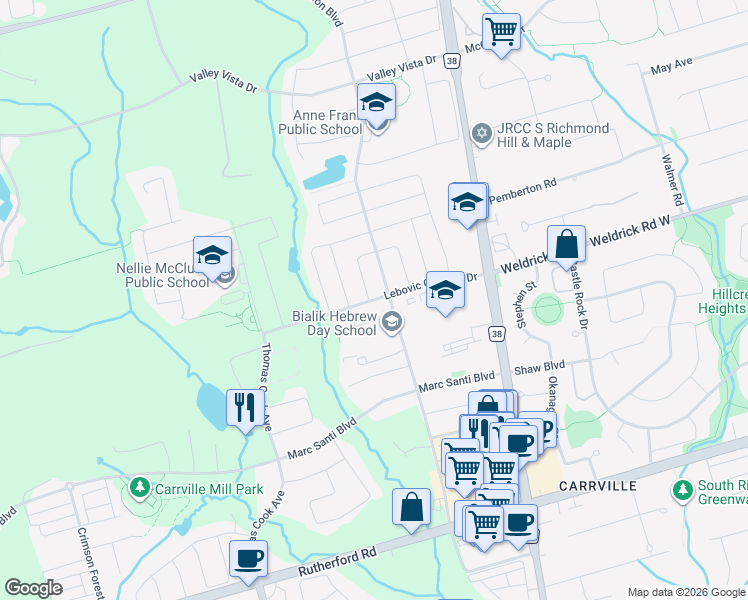 map of restaurants, bars, coffee shops, grocery stores, and more near 79 Lebovic Campus Drive in Vaughan