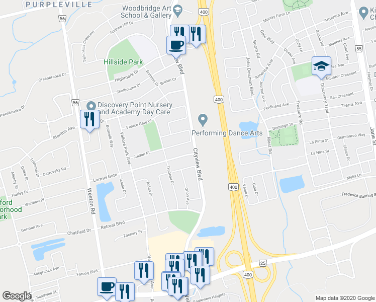 map of restaurants, bars, coffee shops, grocery stores, and more near 228 Lormel Gate in Vaughan