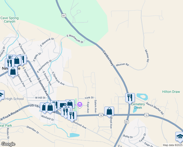 map of restaurants, bars, coffee shops, grocery stores, and more near Tom Horn Lane in Newcastle
