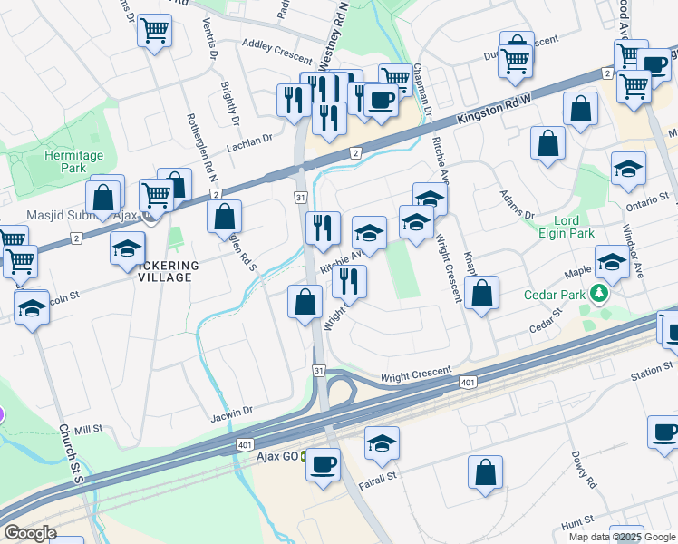 map of restaurants, bars, coffee shops, grocery stores, and more near 271 Wright Crescent in Ajax