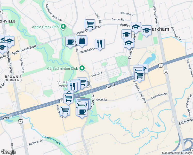 map of restaurants, bars, coffee shops, grocery stores, and more near 155 Legends Way in Markham