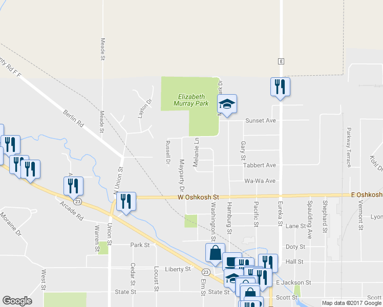 map of restaurants, bars, coffee shops, grocery stores, and more near 609 Melanie Lane in Ripon