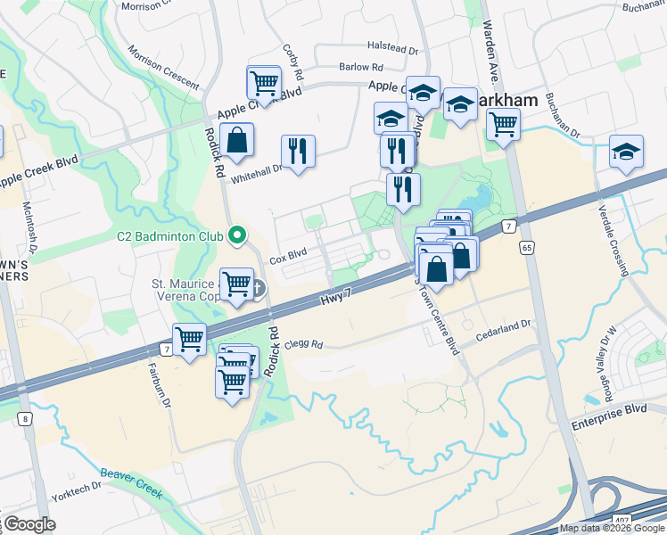 map of restaurants, bars, coffee shops, grocery stores, and more near 82 Legends Way in Markham